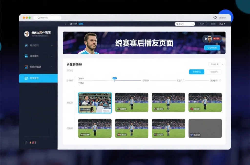 比赛结束后，电视屏幕展示集锦回放页面，旁边有时间轴和多角度切换提示